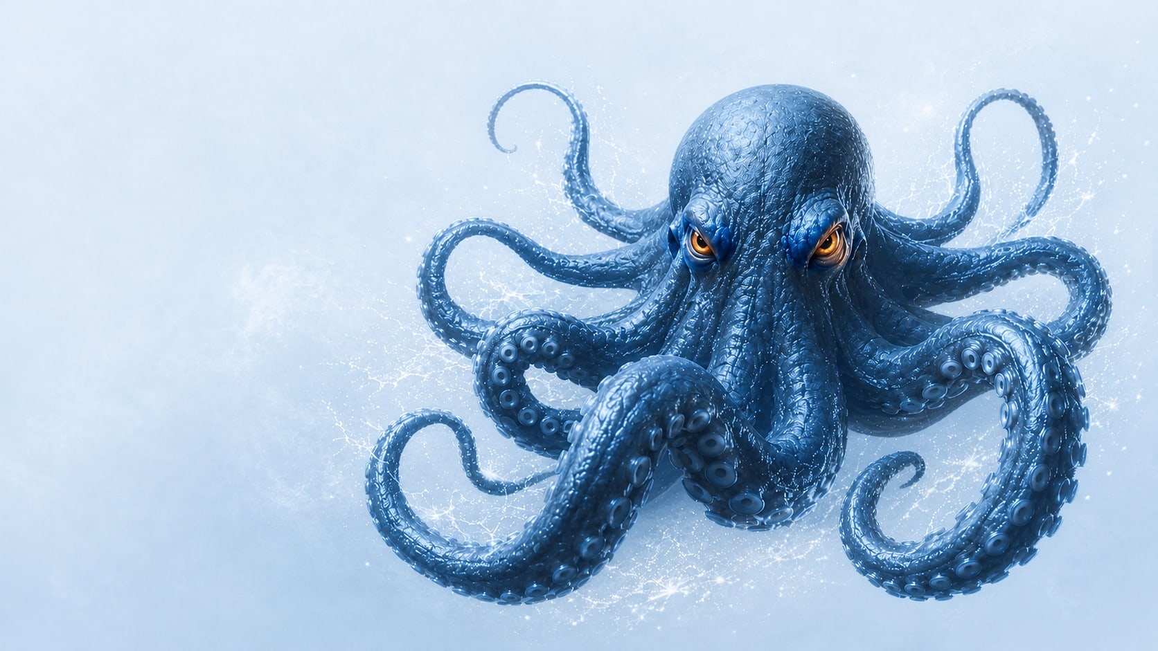 Pulpo azul de mirada intensa que representa una preparación de oposiciones enfocada y bajo control.